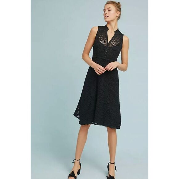 ANTHROPOLOGIE BLACK CROCHET LACE EVELYN MIDI DRESS BY MEADOW RUE Size 2 - Picture 1 of 9
